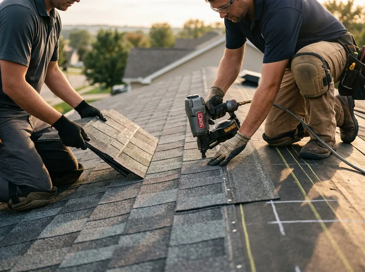 Professional roofer working on a residential roof in Prien